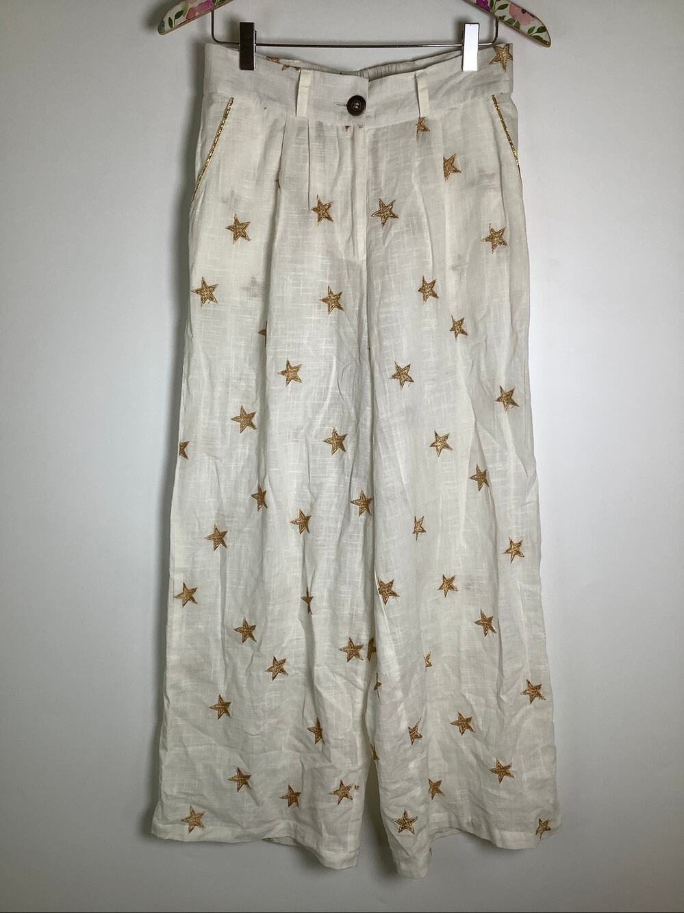 Z&L Women's M White Gold Star Printed 100% Cotton Swim Cover Up Pants I7-3